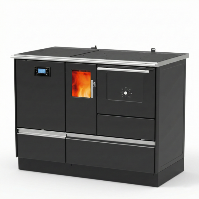 Granulinė krosnelė-viryklė ALFA-PLAM ALFA TERM 20 PELLET su vandens kontūru (19,5 kW) Juoda