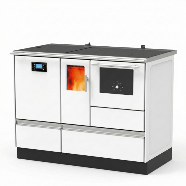 Granulinė krosnelė-viryklė ALFA-PLAM ALFA TERM 20 PELLET su vandens kontūru (19,5 kW) Balta