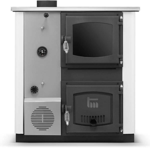 Krosnelė su vandens kontūru TEMY PRO (12 kW) Kairėje Balta